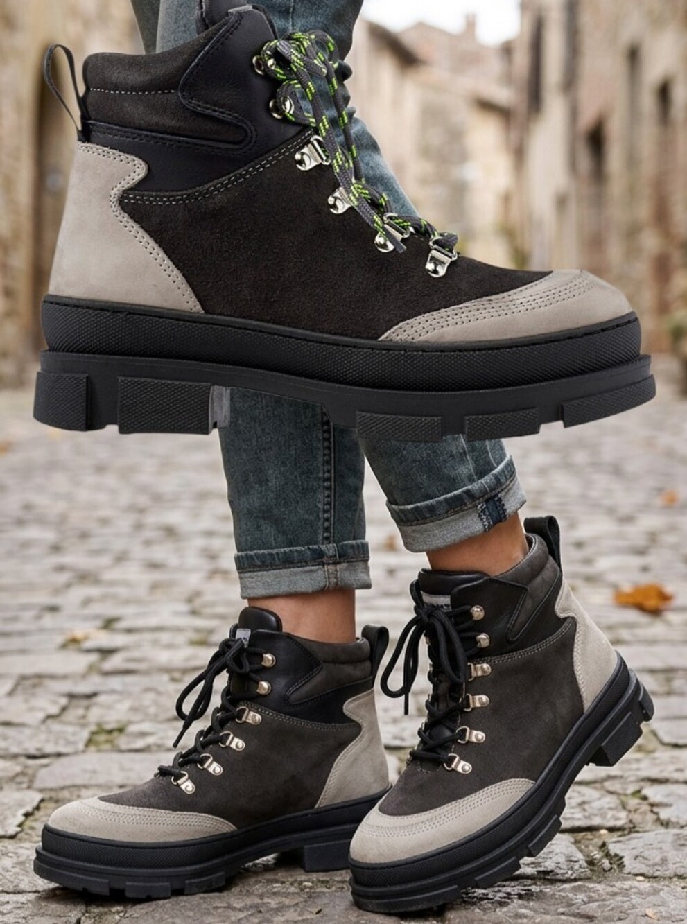 MARK ANTOINE+ICÔNE X SIMONS Black/Brown/Gray Leather Suede Hiker Boots Unisex